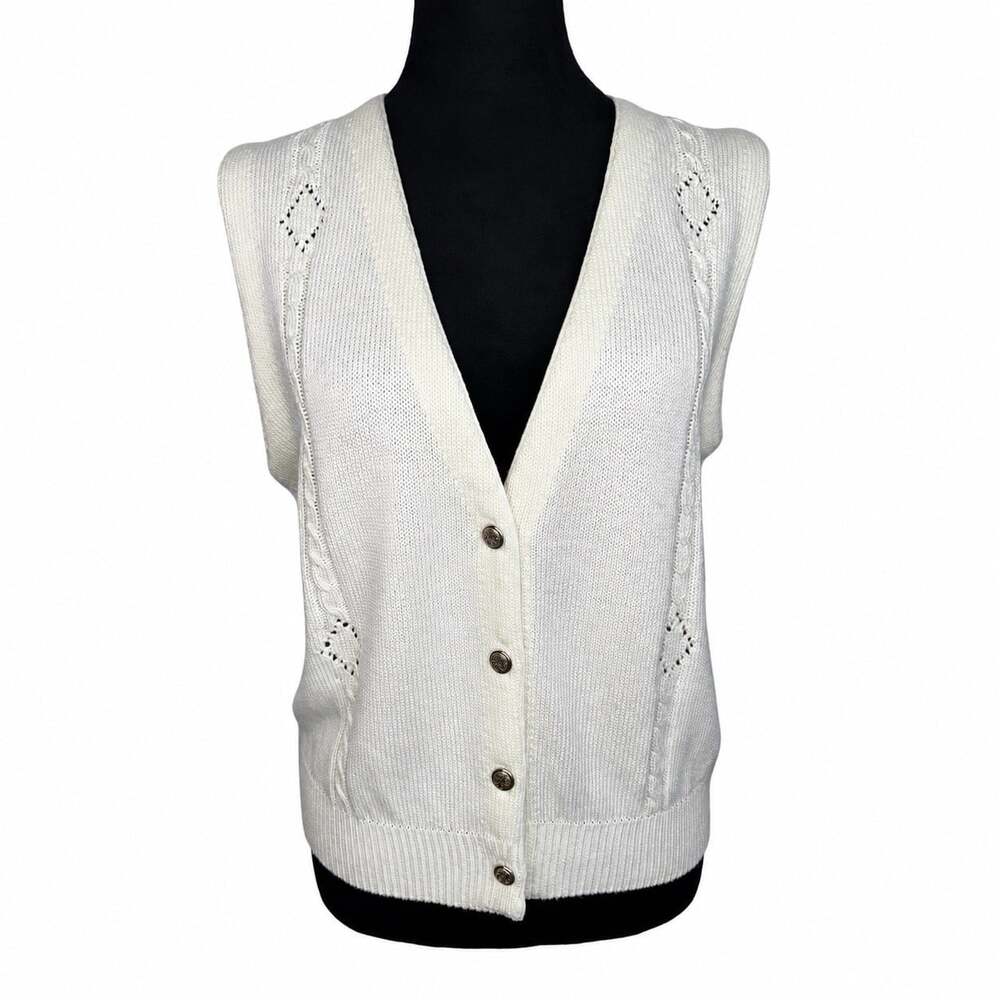 Sag Harbor Sweater Vest Women’s Medium Ivory Button Front Knit Cable Accent USA